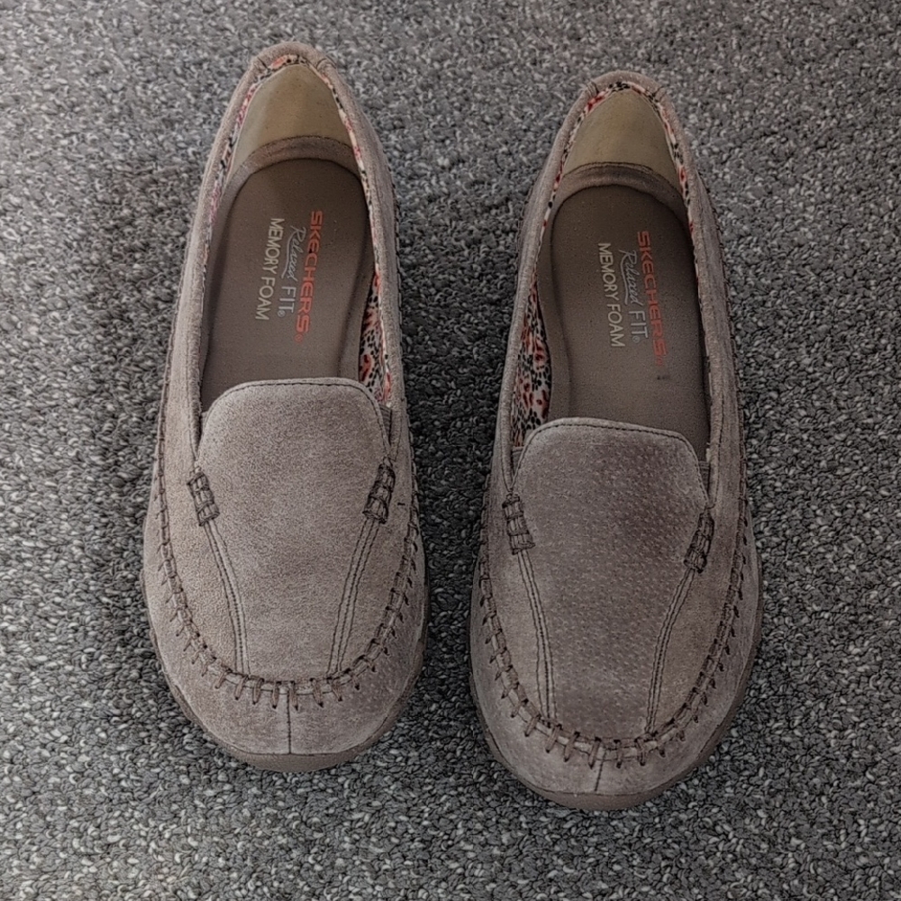 Skechers Relaxed Fit Suede Slip-On Memory Foam Loafers in Taupe